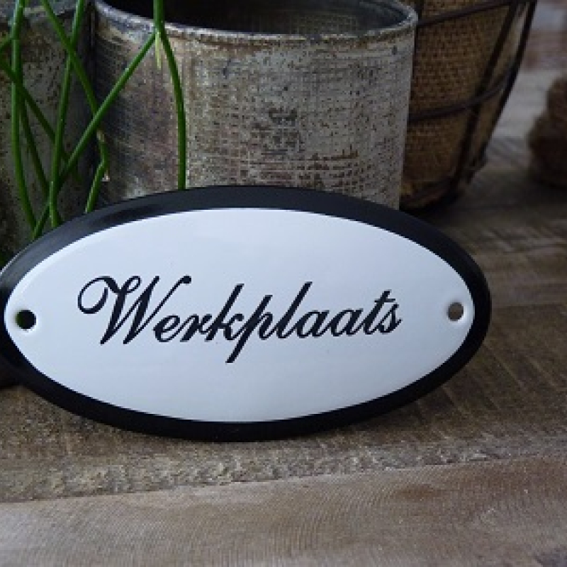 Emaille deurbordje ovaal 'Werkplaats' 