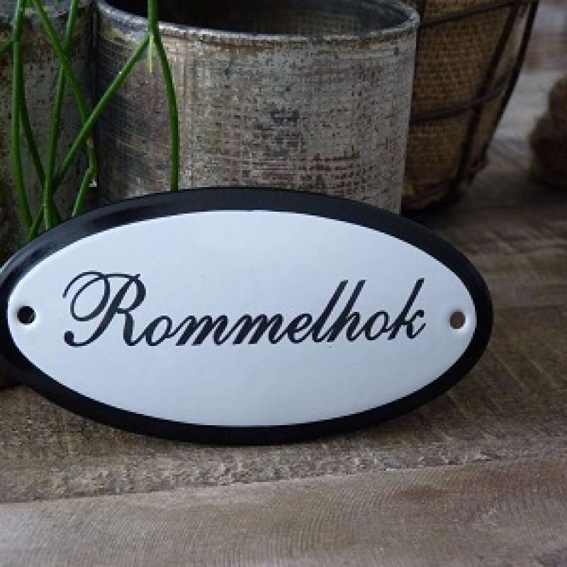 Emaille deurbordje ovaal 'Rommelhok'