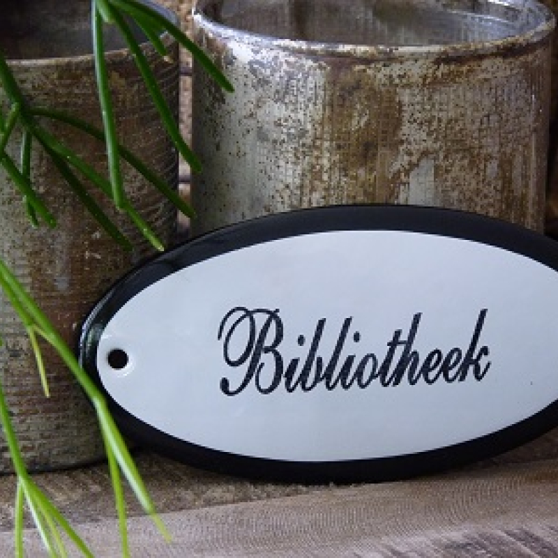 Emaille deurbordje ovaal 'Bibliotheek'