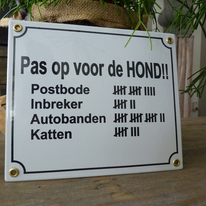 Emaille bord 'Pas op voor de hond!!' 20x17 cm